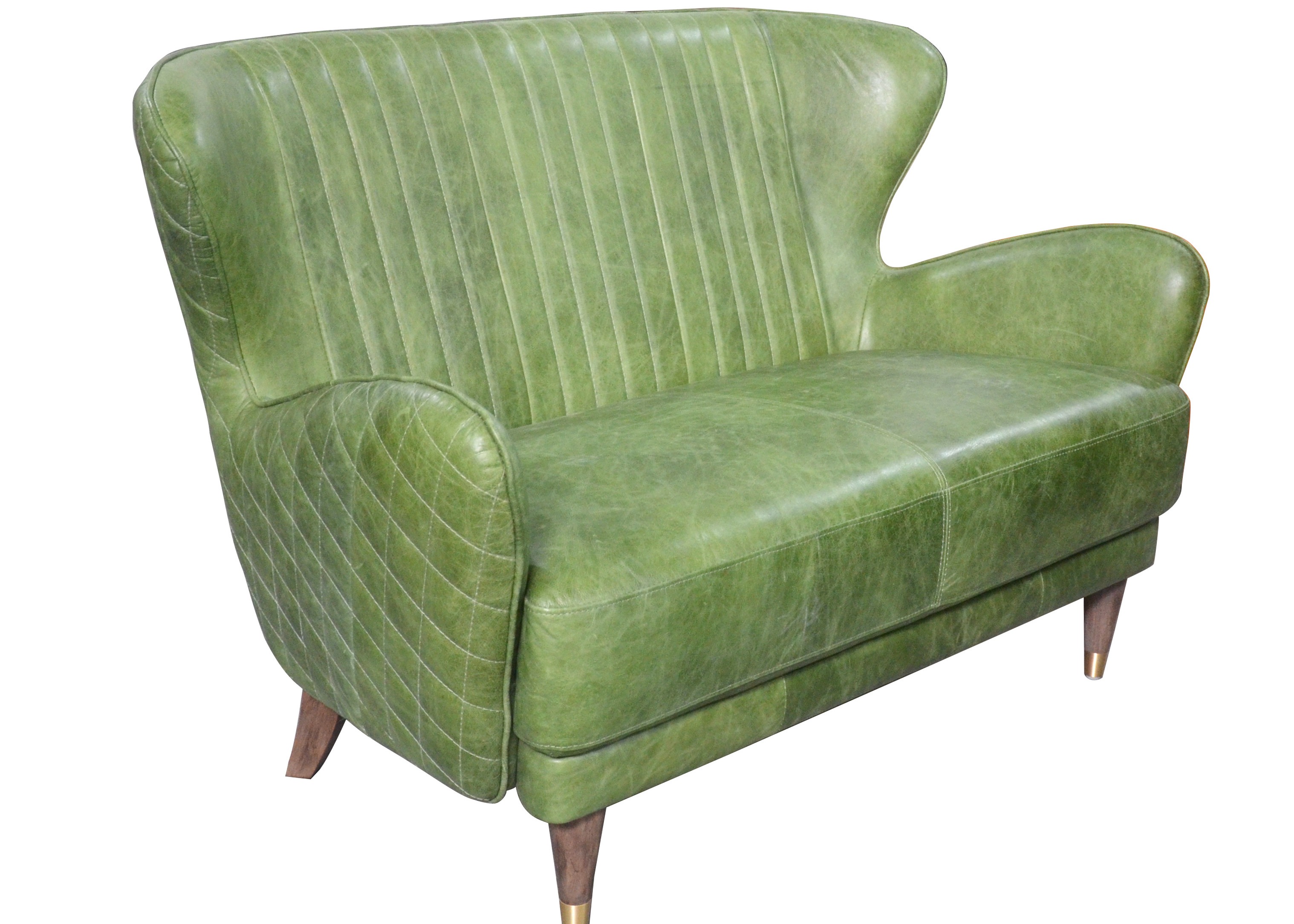 Diamond Stitched Vintage Green Leather Wingback Sofa With Wooden Leg