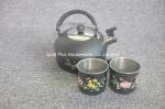 Promotion stainless steel tea kettle set with two mugs high grade fashion flower