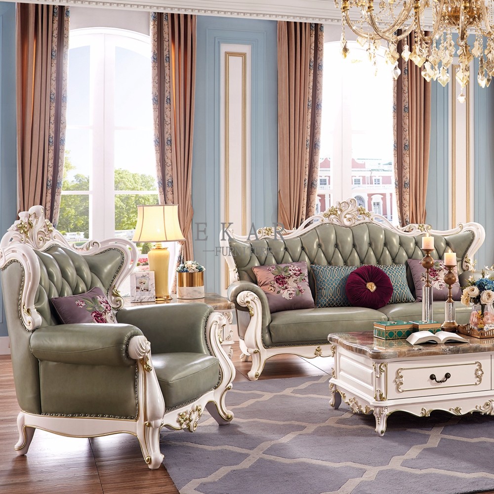 Leather Living Room Luxury Royal Wooden Sofa Set
