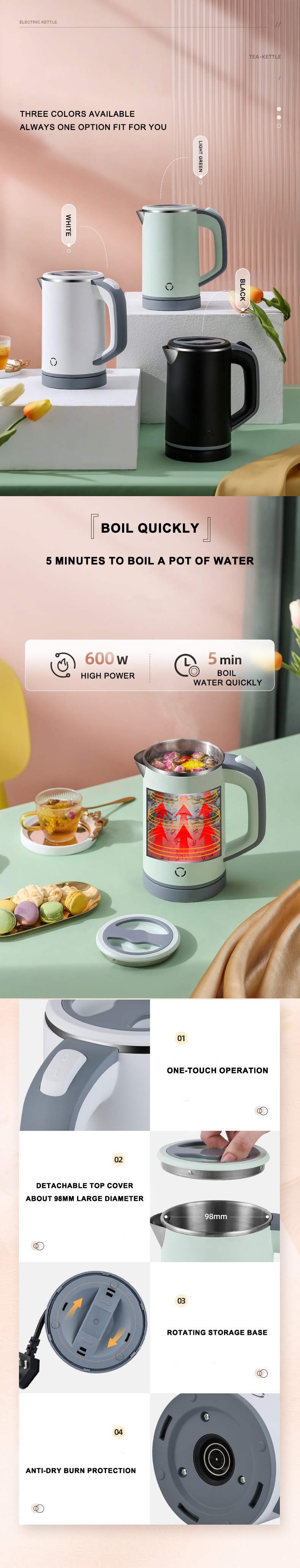 600W Stainless Steel Electric Kettle, Food-Grade SS, Anti-Scalding, Automatic Shut-Off
