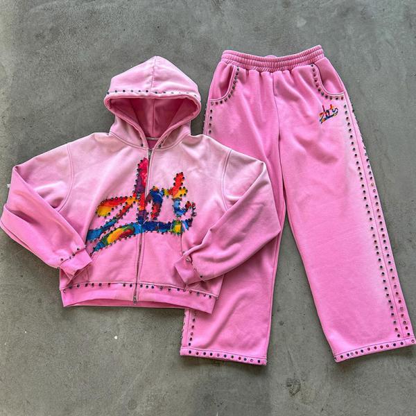 Custom Pink Diamond Hoodie Set Rhinestone Acid Wash Vintage Embroidered Hoodies