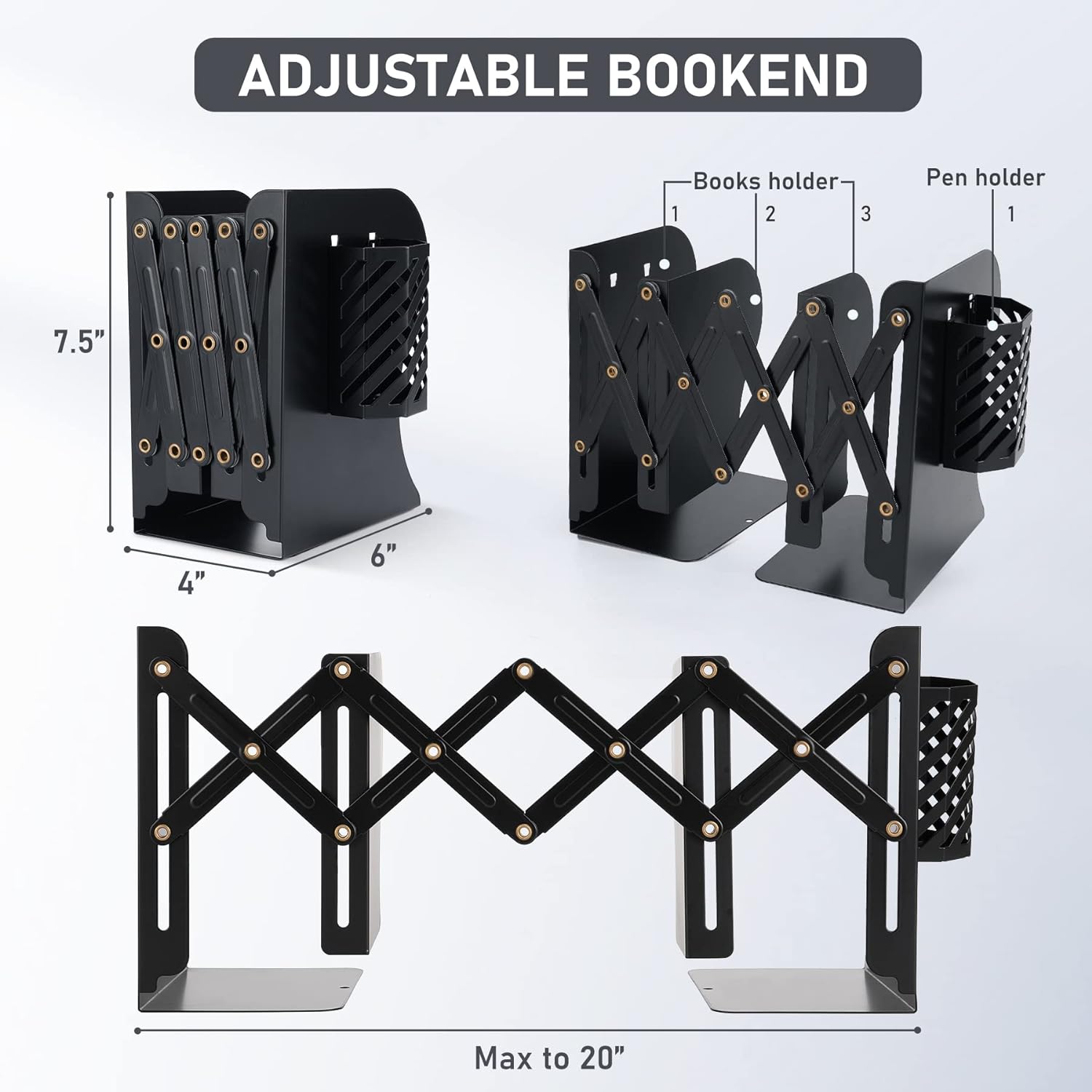 Adjustable 20 inches Desk Magazine File Organizer Holder Metal Bookends for Office Books Papers