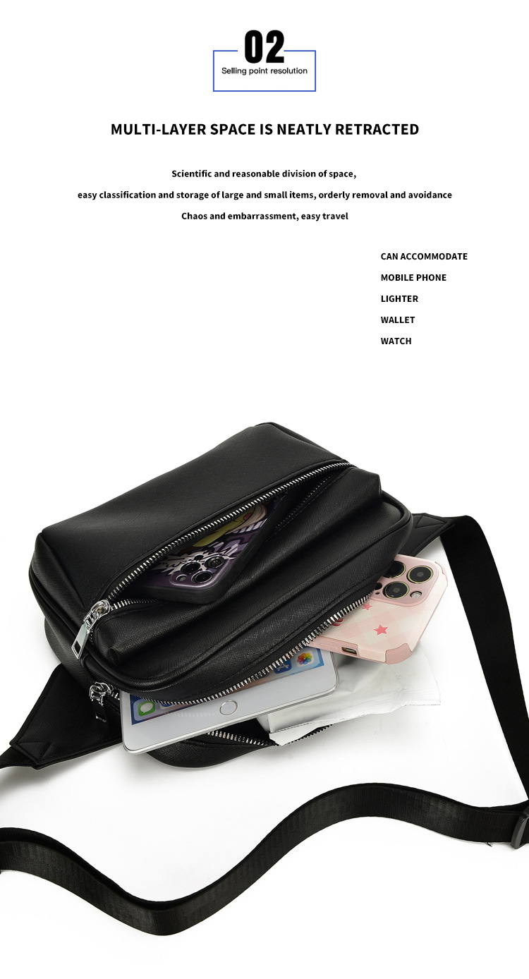 Custom Logo Waterproof Men's Chest Bag with Multiple Functions in PU Saffiano Leather