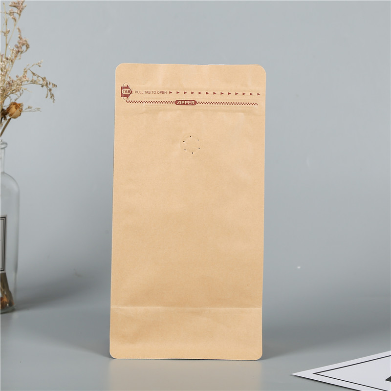 Food Grade kraft paper stand up coffee bag with valve and flat bottom aluminum foil inside and zipper top