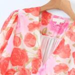 OEM maufactory Oil Painting Rose Printed Pleated V Neck Polyester Short Sleeve