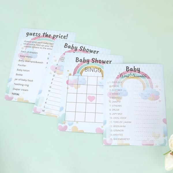 Custom 4 Games Baby Shower Game Cards CMYK Paper Perfect for A to Z and Word Scramble