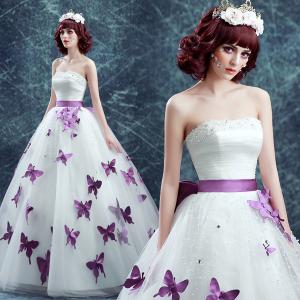 Wholesale Off The Shoulder Purple Sashes Purple Butterfly Floor Length Organza Wedding Dress TSJY174 from china suppliers