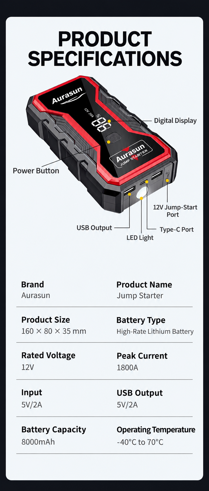 12V 1800A Compact Vehicle Battery Booster with Digital Display