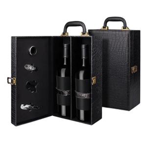 Wholesale Other Gift Craft Storage Leather Wine Box And Handles Single Bottle Reusable Gift Box Crocodile Grain Pu Leather Double Bottle 750ml Red Wine Box from china suppliers