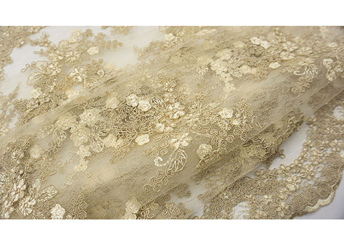 Golden Corded Floral Embroidered Tulle Fabric Scalloped Edge For Wedding Dresses