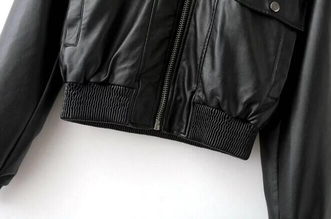 Ladies PU Leather Down Jacket , Zipper Short Warm Black Leather Bomber Jacket