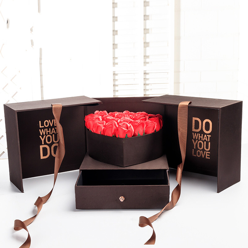 Custom Print Rose Magnet Closure Double Layer Heart Shaped Flower Box with Drawers