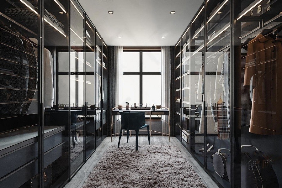 Blum 6x8 Walnut Walk In Closet Wardrobe Design With Glass Door Lighting SGS