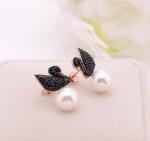 Elegant Pearl Drop Earrings for Women Jewelry, Black Diamond Swan Stud Design