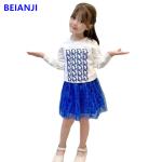 BEIANJI 2PCS Blue Printed Kids Hoodless Sweater Long Sleeve Girls Tops