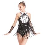 Black-White Stunning Tap Costume Sequined-Fringes Mock Neck Dance Dress