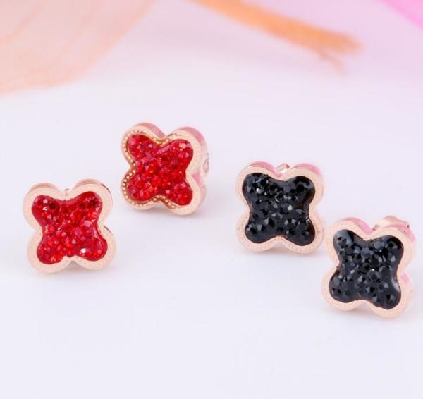 4 Leave Clover Stud Earrings for Girs Stainless Steel Inlaid Red Crystal