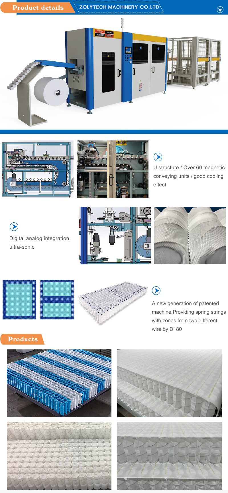 ZLT-PSD180 Height 100-250mm Pocket Spring Coiling Machine Non Shuttle Working ZOLYTECH OEM