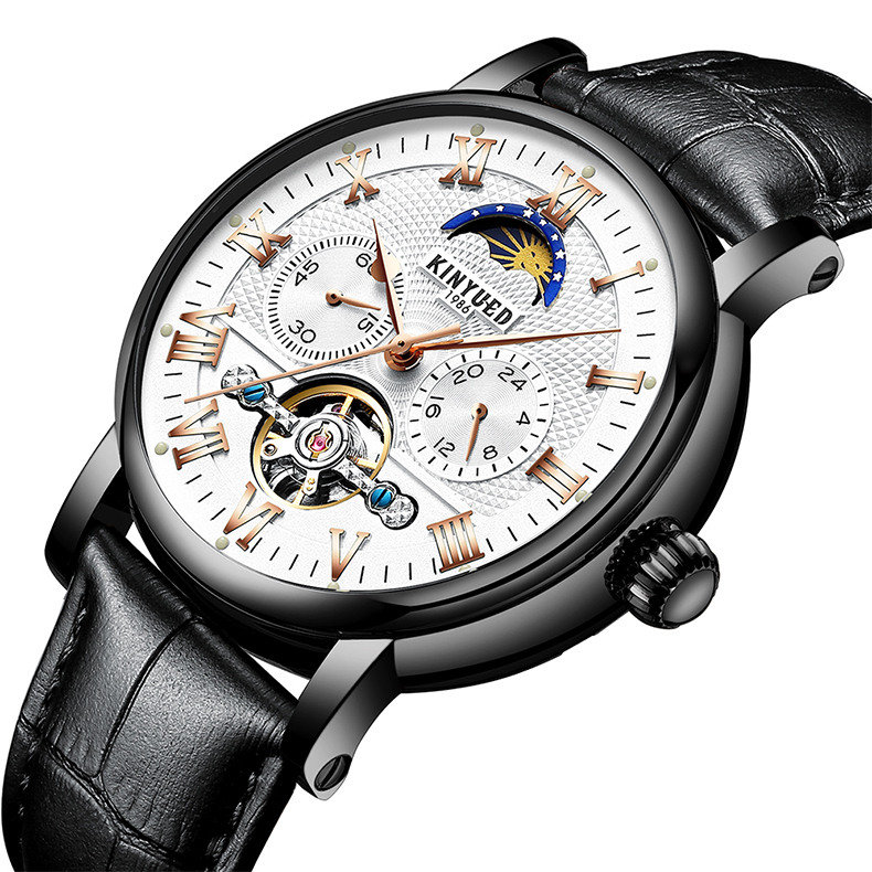 Luxury Brand KINYUED Watches Tourbillon Automatic Movement With Moon Phase Mens Automatic Mechanical Watch