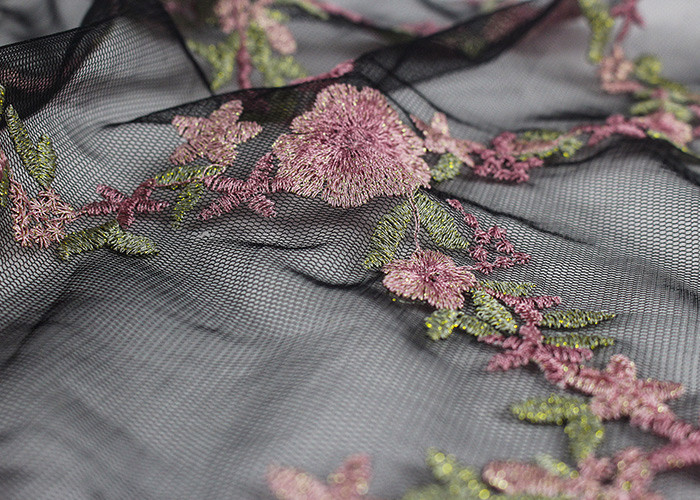 Embroidered Tulle Multi Colored Lace Fabric Pink Peach Blossom Floral Flower Style