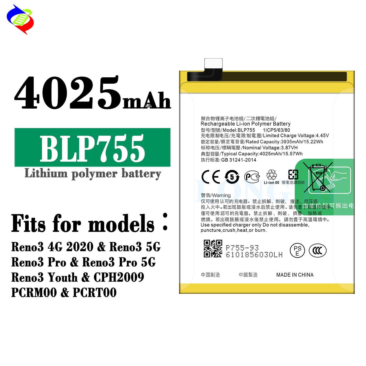 BLP755 4025mAh Battery for OPPO Reno3 Reno3 Pro CPH2009 PCRM00 PCRT00 in High Demand