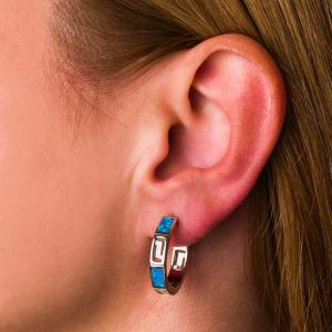 Wholesale 925 With Sterling Silver Greek Key Blue Meander Vintage Sterling Opal Ring Hoop Earrings from china suppliers