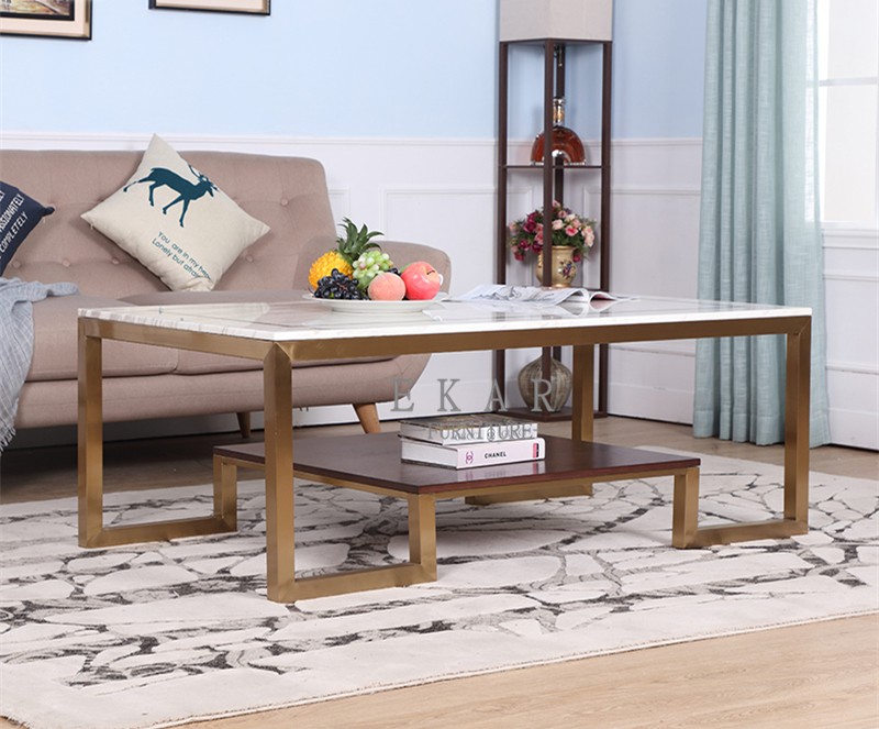 Simple stainless steel gold legs natural marble top coffee table