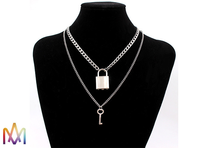 Hiphop Double Layer Key Lock Engraved Mens Chain Necklace