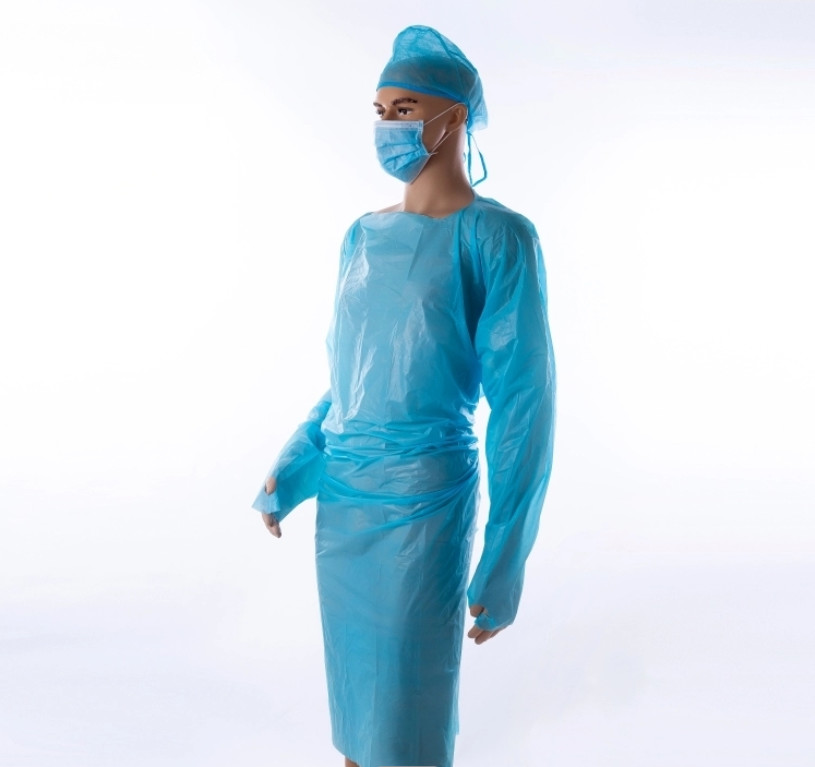 Durable Lightweight Blue Plastic Isolation Gowns With Thumb Loop