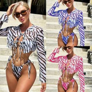 Wholesale Striped Printed 3 Piece Swimwear Shirt Collar Mesh Sexy Three Piece Bikini Set from china suppliers