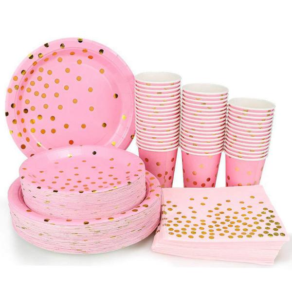 Eco-Friendly Disposable Party Supplies Gold Dot Pink Disposable Party Dinnerware