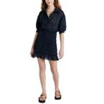 Ladies Casual Dress Collared Neck Elbow Length Puff Sleeve Ruffle Hem Polyester
