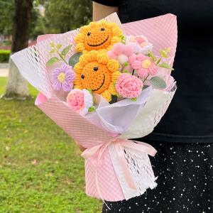 Wholesale Smiling Face Sunflower and Common Sunflower Woolen Flower Bouquet Finished Product Birthday and Valentine's Day Gift Handmade Knitted Flowers Cross from china suppliers