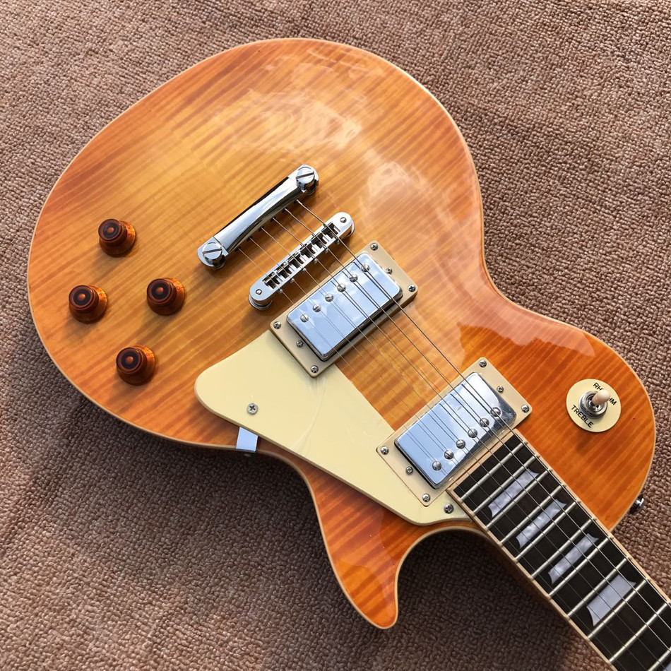 One piece of body & neck LP electric guitar Yellow tiger top adjusting the adjacent Matic bridge