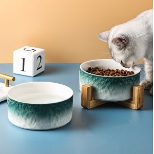 Ceramic Dog Bowl Non Slip Wood Stand For Small Medium Pet