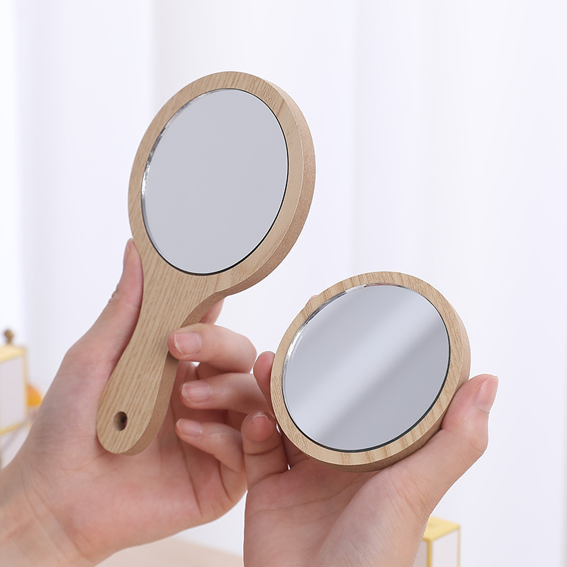 Hand-held wooden beauty mirror portable handle dressing mirror home bathroom round small mirror