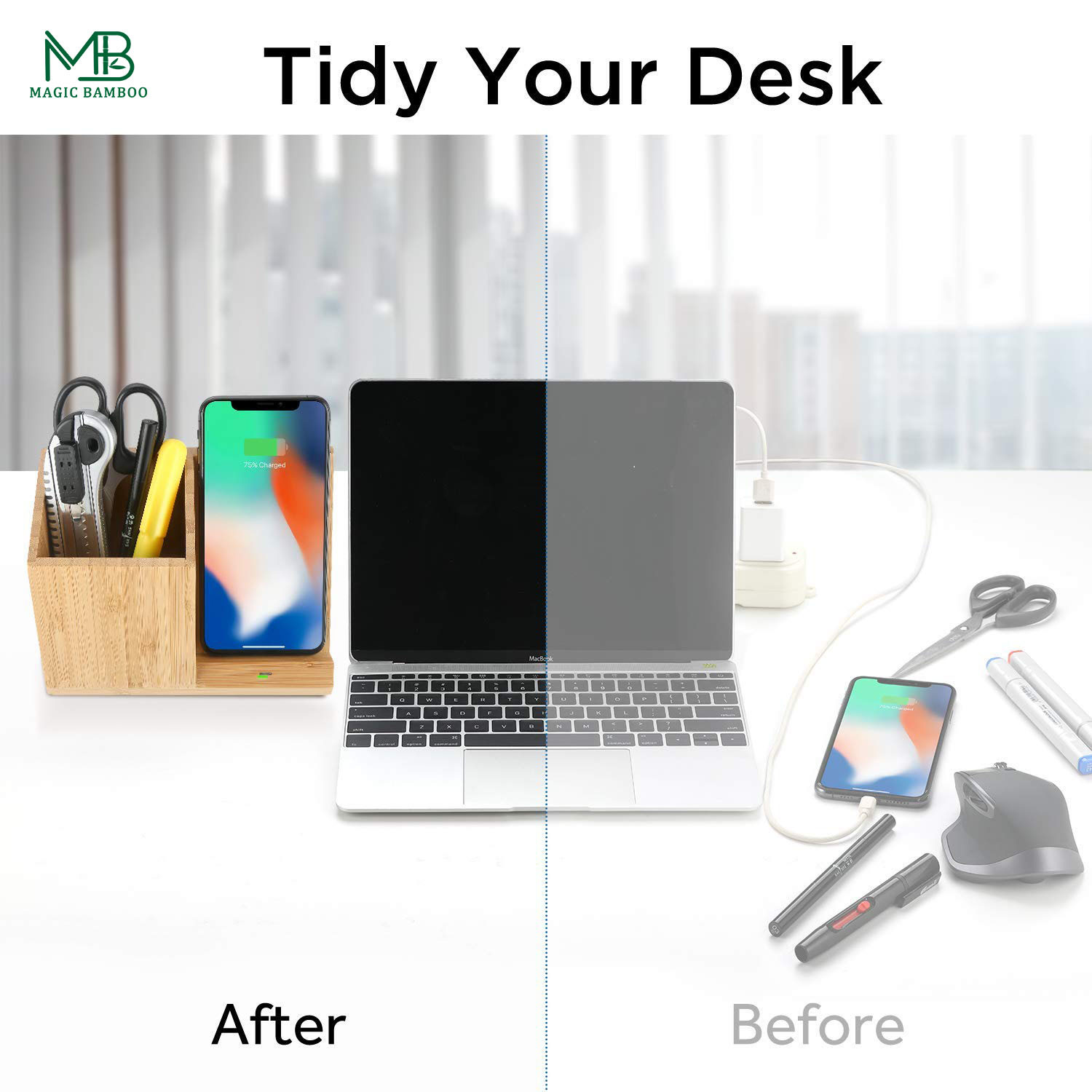 Bamboo Mobile Phone Wireless Charger With Pen Holder Simple