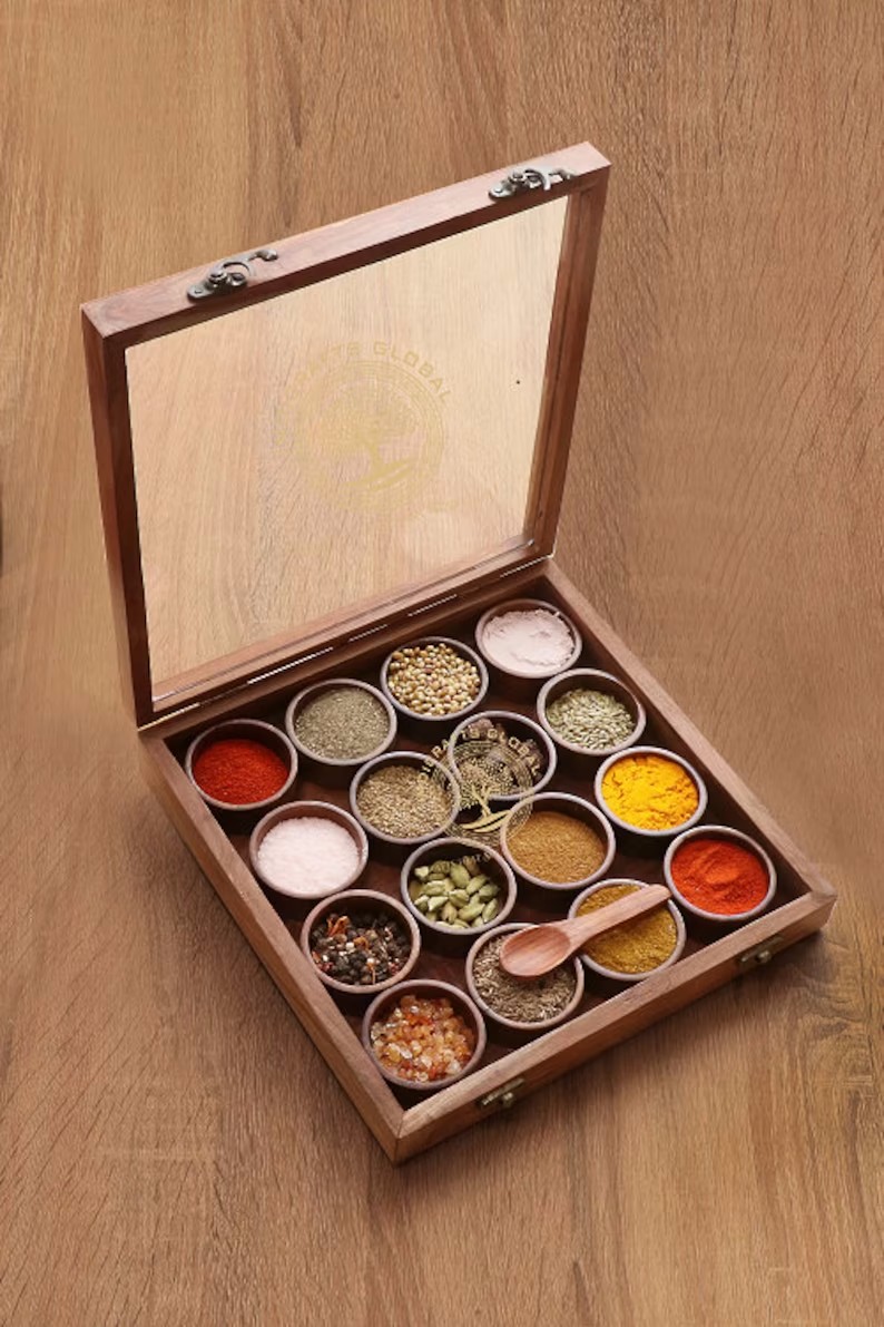 Wooden Handcrafted Spice Box with 16 Round Compartments & Spoon, Wood Spice Box Set Mother's Day Gift