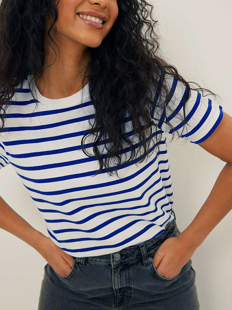 Unisex Striped Short Sleeve Round Neck T-Shirt Woven Technique Plain Dyed Women's Clothing