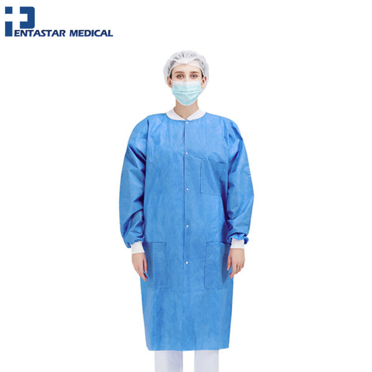Material 30gsm to 60gsm SMS Lab Coat with Knitted Collar or Turn Down Collar