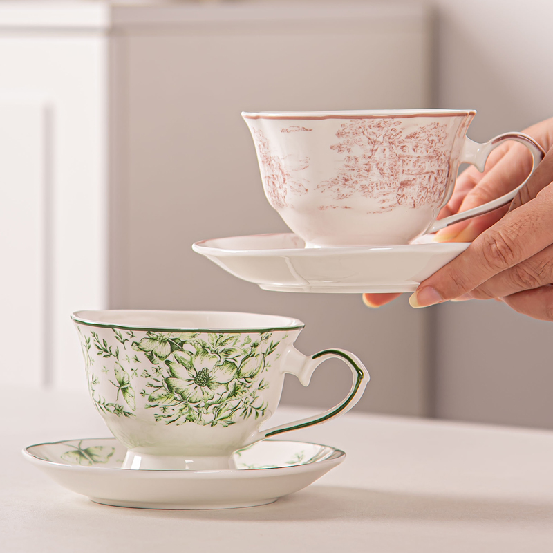 French Vintage Floral Porcelain Coffee Cups And Saucers Food Grade With Spoon