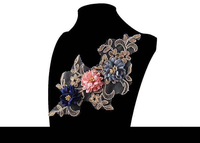 Corded Multi Color 3D Lace Applique With Three Flowers Gold Metallic
