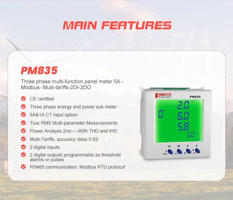 PM835 96*96mm Three Phase Small Power Monitor Meter with -25 to 75 Temperature Range