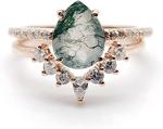 Moss Agate Emerald Ring Set , Anniversary Jewelry Gift Promise Wedding Ring
