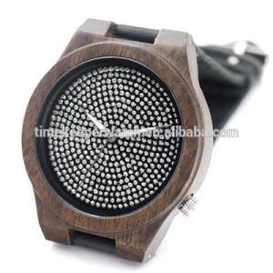 Wholesale Black Natural Bamboo Wooden Watch Genuine Brown Leather Strap Full Diamond Dial Japanese Quartz Movement Men Casual Watch from china suppliers