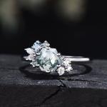 Hexagon Cut Natural Moss Agate Vintage Unique Moissanite Bridal Ring For Art