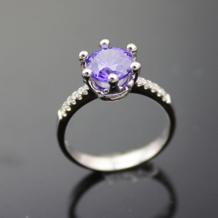 Women Jewelry 7mm Round Amethyst Zirconia Sterling Silver Ring(F18)