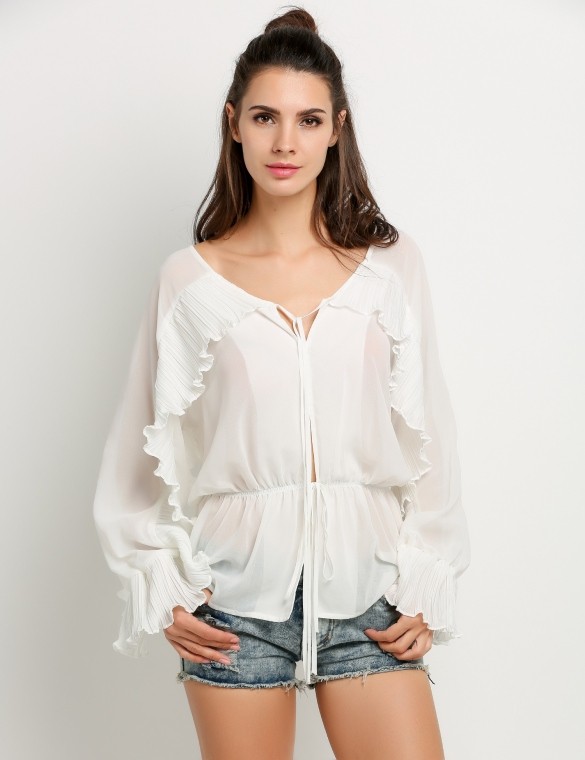 New Design Women Bat wing Long Sleeve Elastic Waist Ruffles Sheer Blouse Tops
