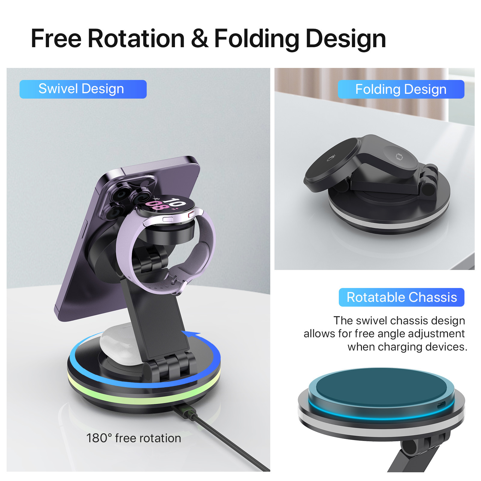 4 In 1 Magnetic Rotary Wireless Charging Station Foldable Stand PD/QC Input CE/FCC/RoHS Certified