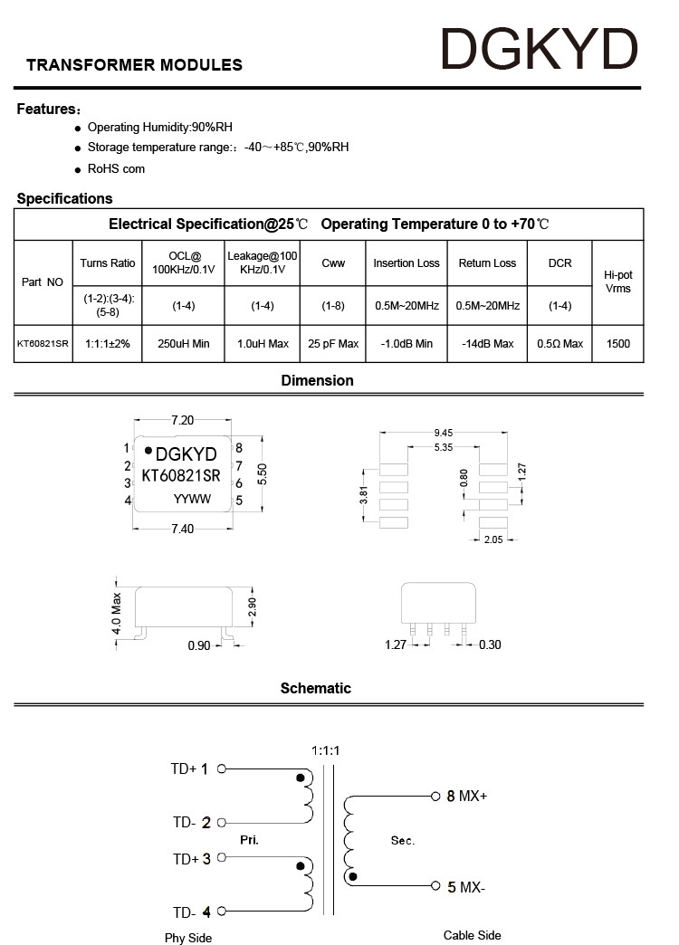 KT60821SR 100BASE-TX Ethernet Transformer 100M Ethernet Filter 8PIN SMD